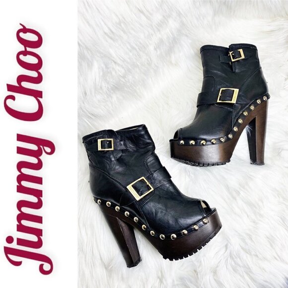 JIMMY CHOO Black Leather Studded Platform Peep Toe Biker Booties, Size 38 - Picture 1 of 8